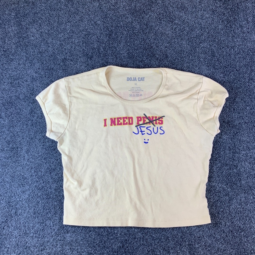 Doja Cat Scarlet Tour I Need Jesus Crop T-Shirt Womens XL Cream Graphic Cotton